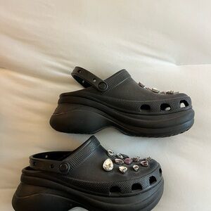 CROCS Black Classic Clogs with Pink & Clear Jewel Accents